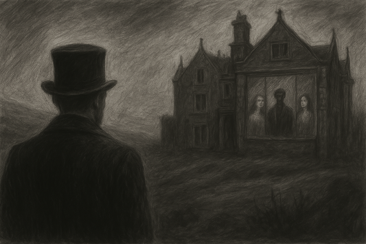 A gray sketch of an English gentleman in the early 19 century formal dress looking at a Gothic manor at heights.