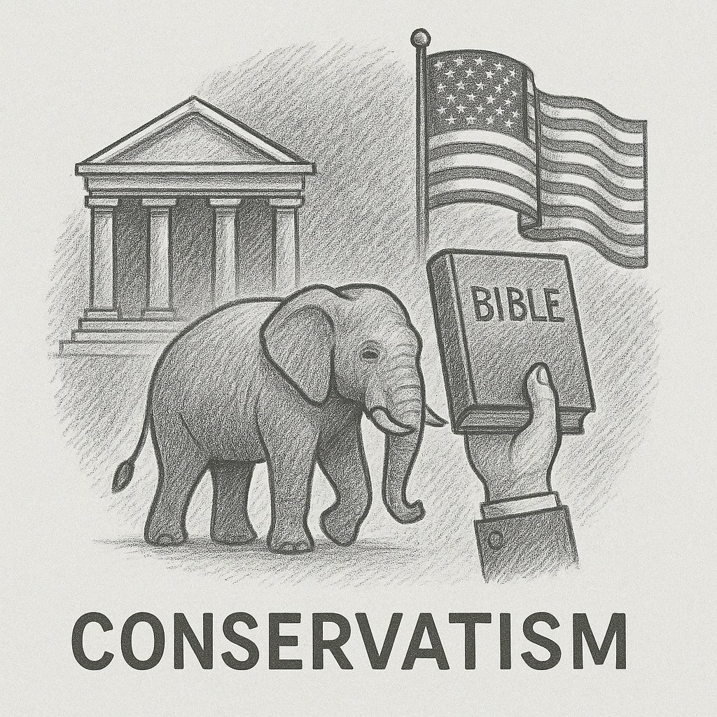 A gray sketch of Bible in a hand, an elephant, US flag and Capitol Hill in background.