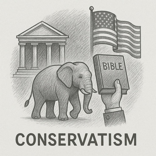 A gray sketch of Bible in a hand, an elephant, US flag and Capitol Hill in background.