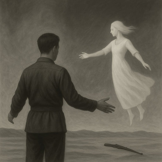 A gray design portraying behind of a man opening his hesitant arms for a flying lady.
