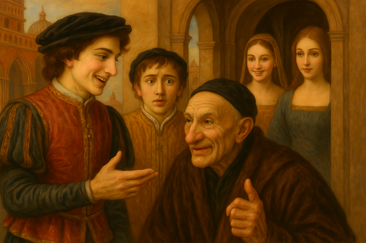 Two handsome young gentlemen talking with a short senior and two ladies are looking at them!