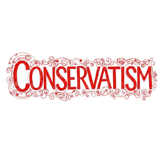 White ground, red font sketchy script of the word "conservatism".