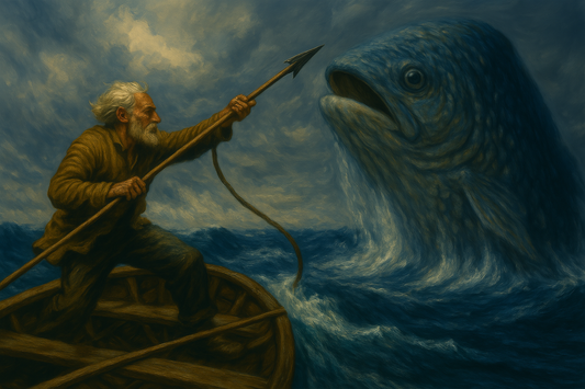 Old man is attempting to catch a huge fish.