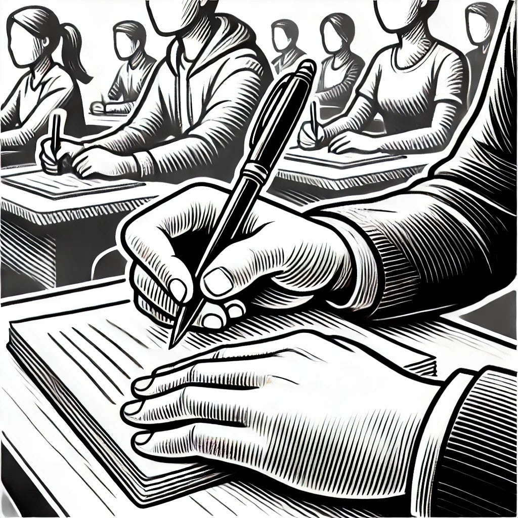 Here is the black and white cartoon illustration of a university student holding a pen and paper while taking notes.