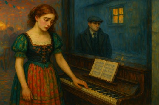 A sad young lady standing by a piano and a young man by a wall and a window in it on the street.