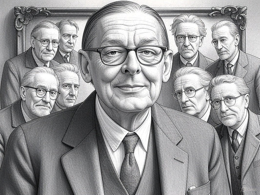 A gray sketch of T. S. Eliot in the middle of a Frame in larger size, surrounded by portraits of a few English-speaking modern poets in smaller size.