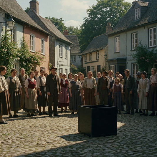 a group of men and women gathered around a black box in a small village.