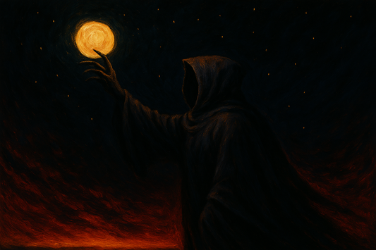 A design featuring a cloaked figure reaching for a glowing orb against a dark, starry sky.