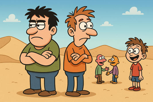 Cartoon design of two waiting men in a desert plus two puppets talking together and a boy looking at them.