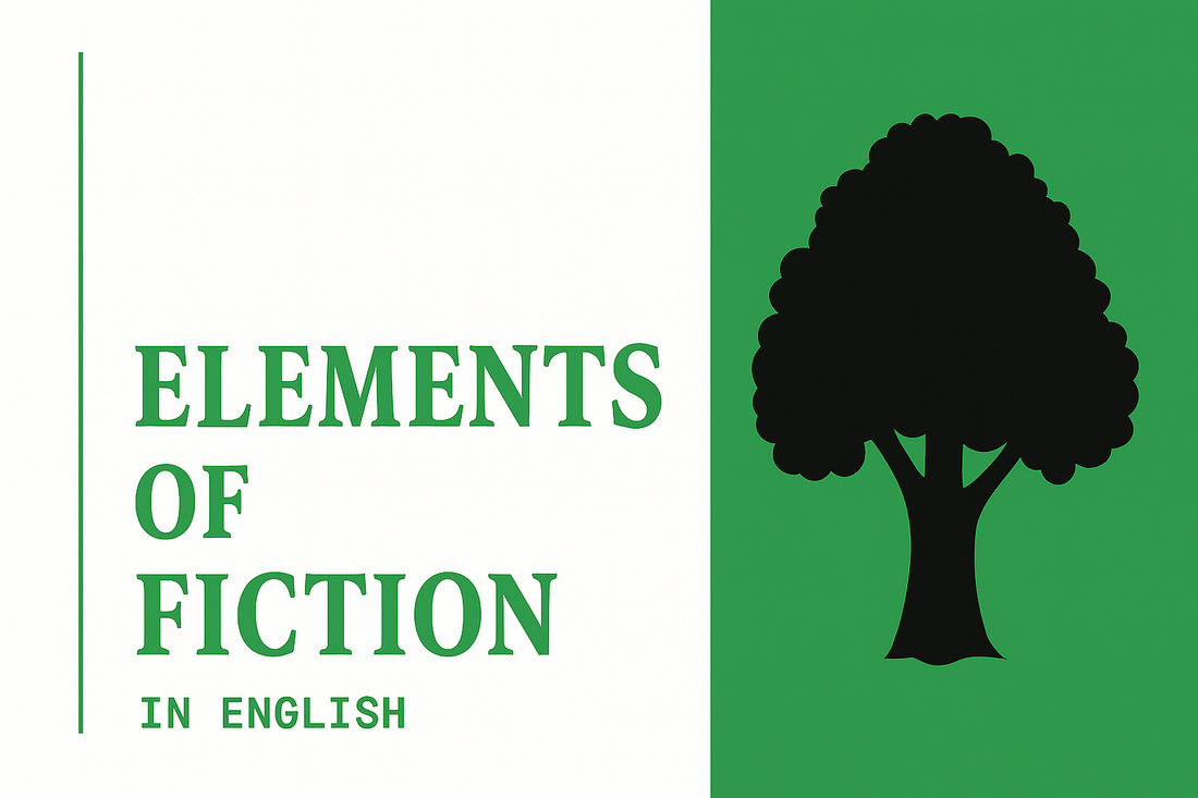 Cover photo in green-white-black read "Elements of Fiction in English".