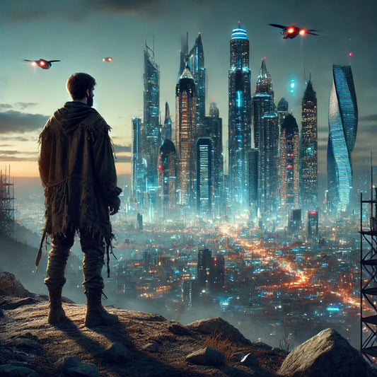 A lone man stands on a rocky hill at dusk, looking back at a futuristic, neon-lit city with towering skyscrapers and a sterile, utopian aesthetic. The