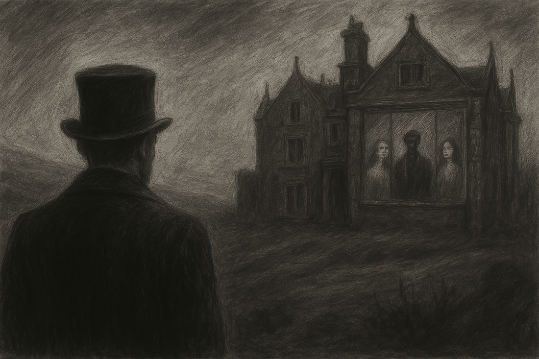 A gray sketch of an English gentleman in the early 19 century formal dress looking at a Gothic manor at heights.