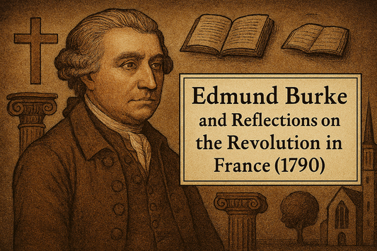 A horizontal design of Edmund Burke in gray and brown plus some items for reminding religion and tradition.