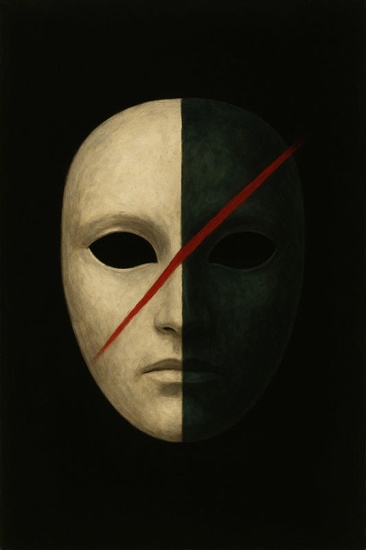 A mask, split down the middle. One half is white, symbolizing purity and innocence, while the other is dark green. A thin, blood-red slash cutting across the mask.
