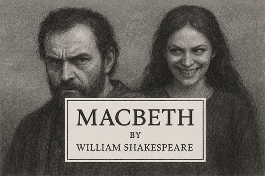 a horizontal gray picture of Macbeth and Lady Macbeth standing behind him, smiling maliciously. Have the script "Macbeth by William Shakespeare" in a white cadre in the middle of the picture.