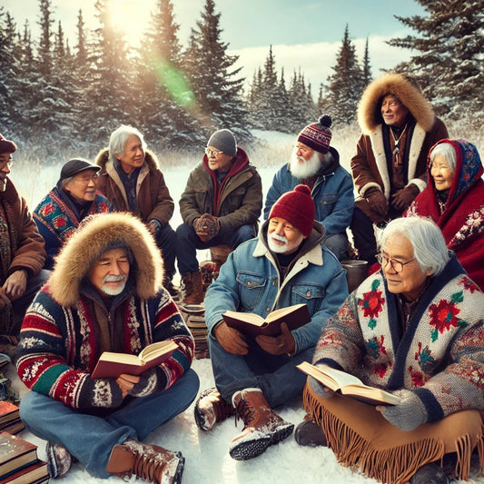 DALL·E 2025-03-04 17.29.59 - A diverse group of Canadian Indigenous men and women, including seniors, sitting together in a snowy natural landscape under the sun. They are engaged