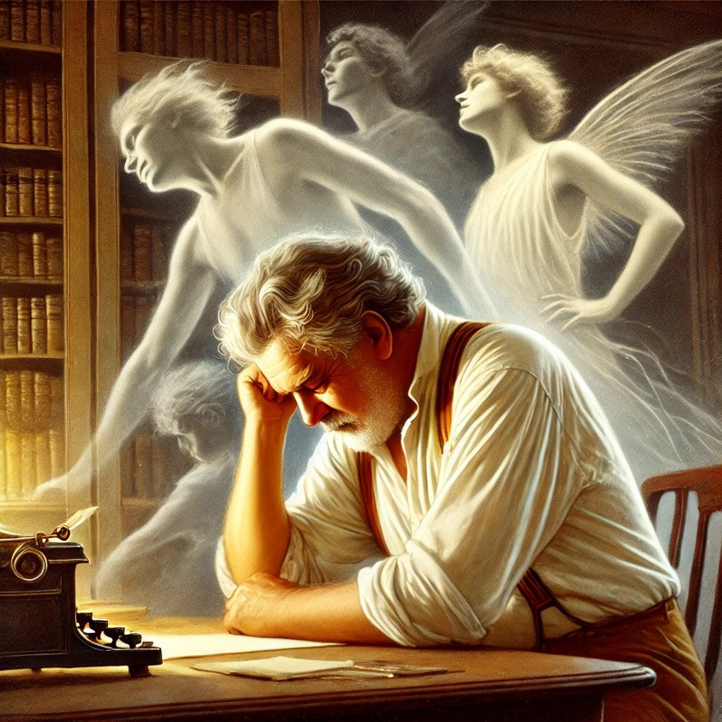 A digital painting of William Golding wearing a white shirt, deep in thought while bending over his desk. Ghostly picture of Lord of the Flies' characters have popped up.