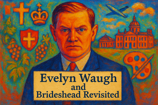 A colorful portrait of Evelyn Waugh and some symbols of his cultural thought