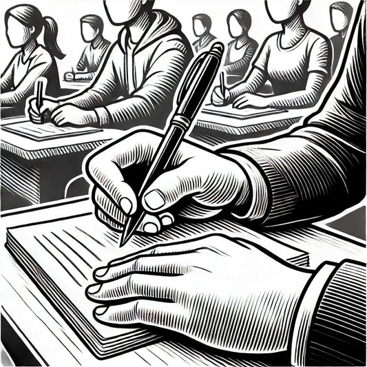 Here is the black and white cartoon illustration of a university student holding a pen and paper while taking notes.