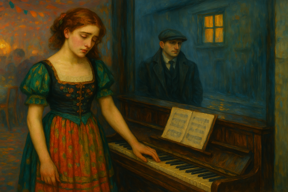 A sad young lady standing by a piano and a young man by a wall and a window in it on the street.