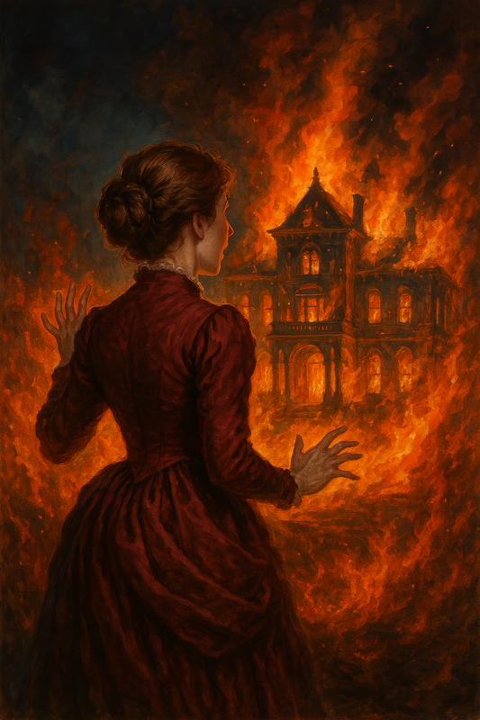 A cover design showing behind of a frightened young girl in Victorian -style, looking at a burning mansion surrounded by flame.