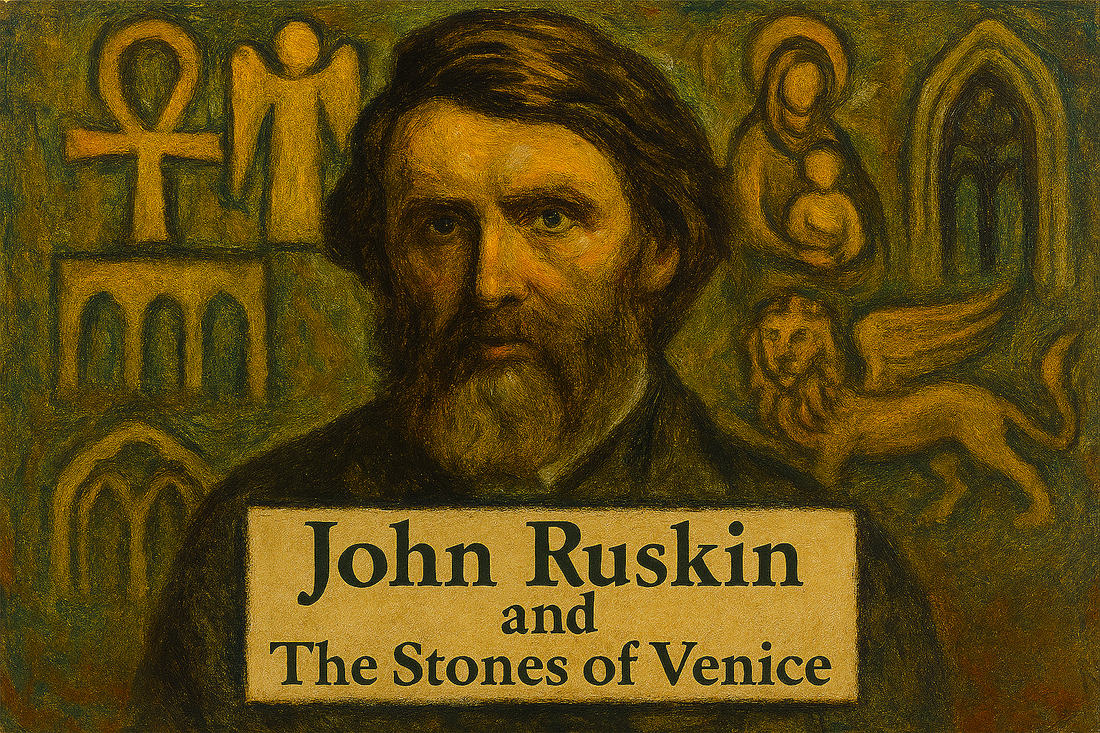 a horizontal portrait of John Ruskin, framed by conceptual Christian art and grounded in earthy hues.