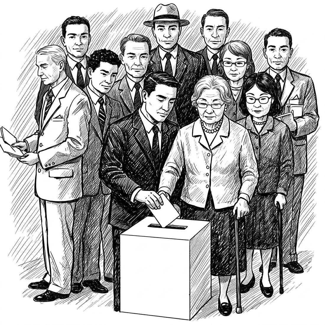 A black and white sketch of group of men and women casting vote into a ballot box.