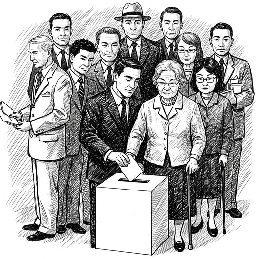 A black and white sketch of group of men and women casting vote into a ballot box.