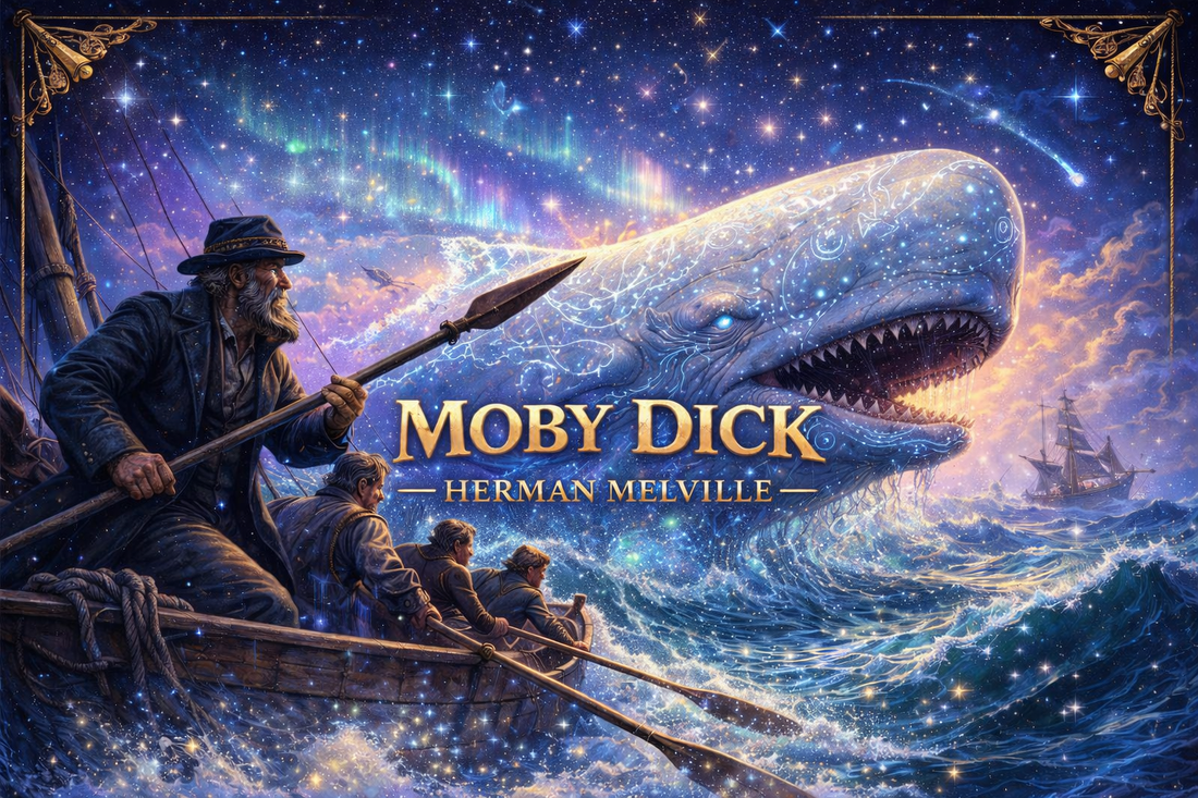 Horizontal illustration of Herman Melville's Moby Dick