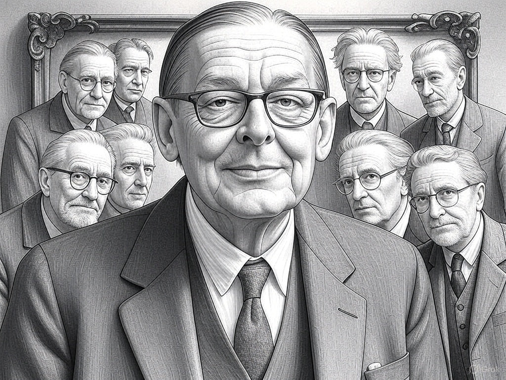 A gray sketch of T. S. Eliot in the middle of a Frame in larger size, surrounded by portraits of a few English-speaking modern poets in smaller size.