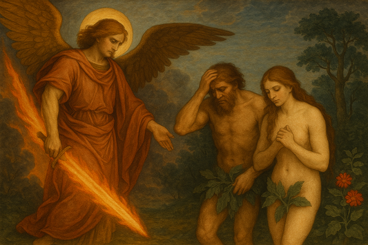 Adam, Eve and Satan in a scene of Paradise Lost by John Milton