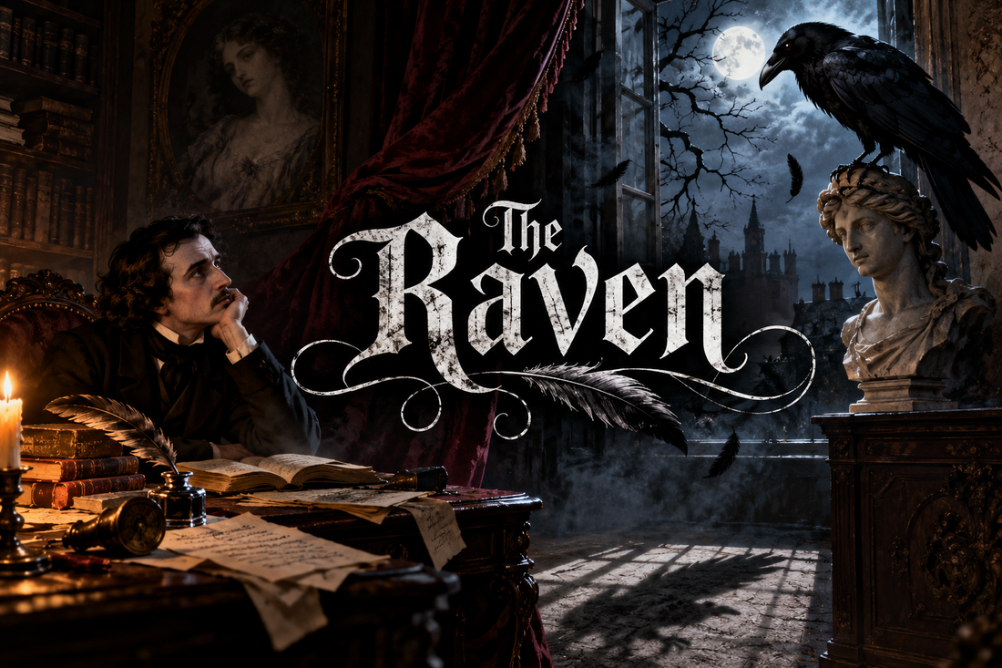 an illustration of a conceptual realization of The Raven by Edgar Allan Poe in horizontal orientation.