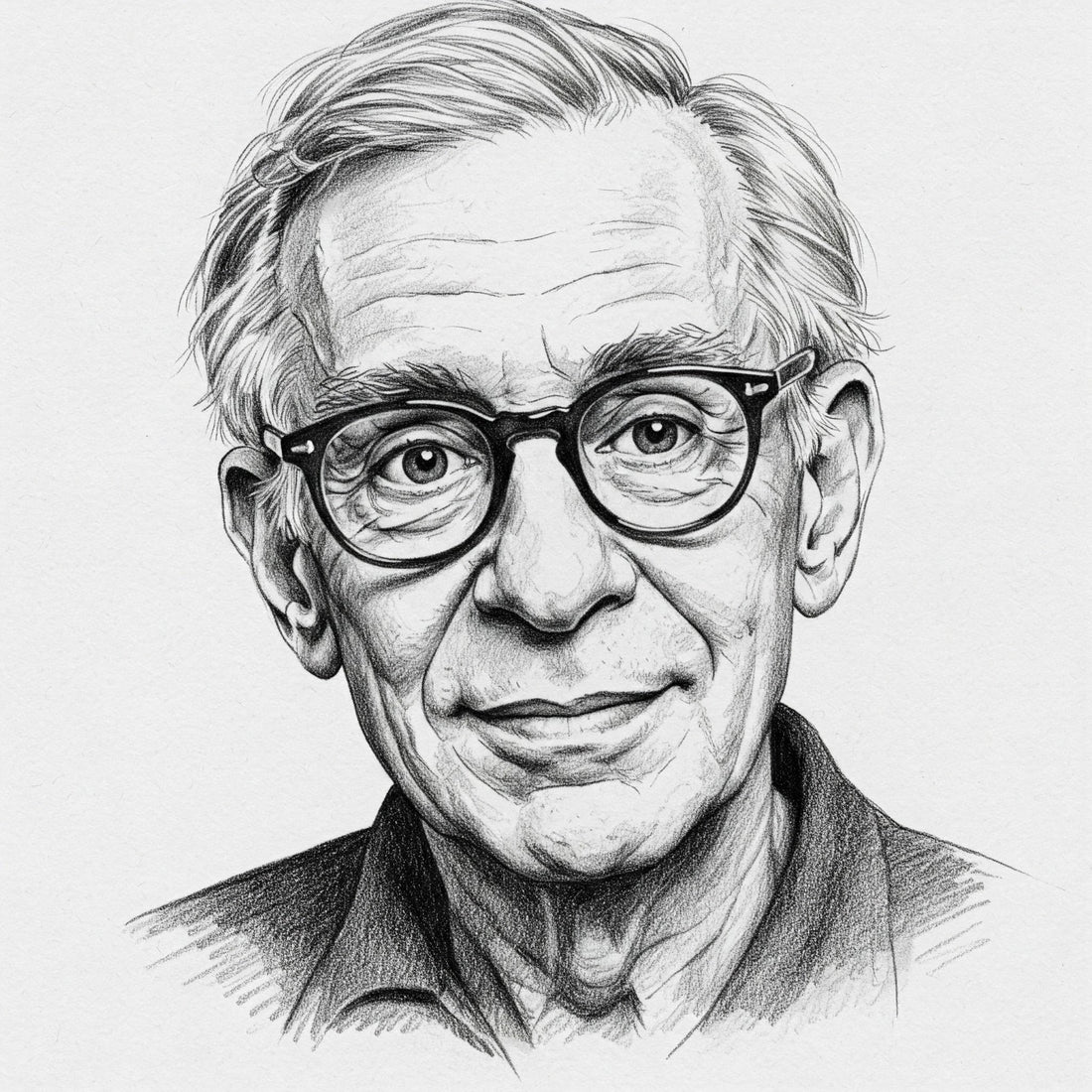 A black & white sketchy portrait of Ray Bradbury