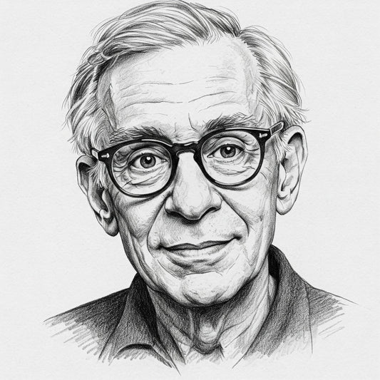 A black & white sketchy portrait of Ray Bradbury