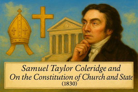 Symbols of church and state with portrait of ST Coleridge and blue sky in the background