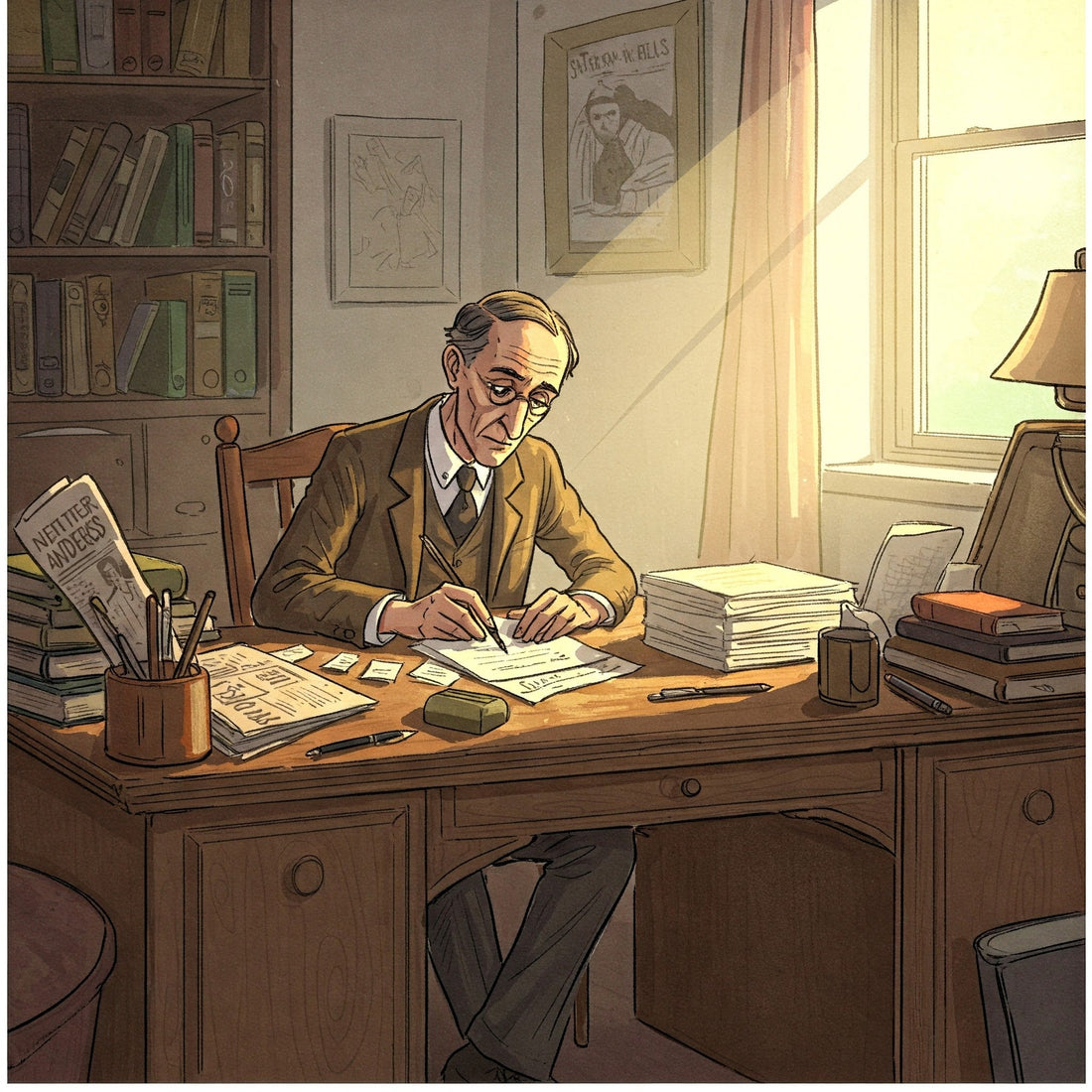 A color sketch of the author Sherwood Anderson sitting behind a desk and writing.