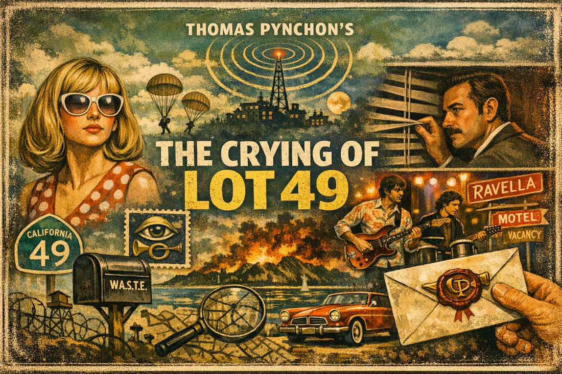 Horizontal illustration of The Crying of Lot 49 by Thomas Pynchon