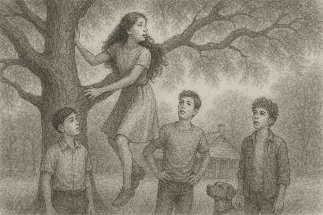 A girl attempting to climb on a tree's branches while some boys and a dog standing down the tree and looking at the girl.