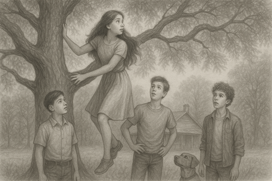 A girl attempting to climb on a tree's branches while some boys and a dog standing down the tree and looking at the girl.