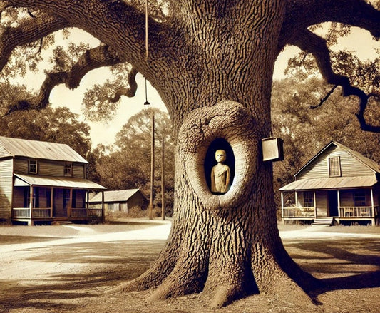Here’s an image of a large oak tree with a knothole, referencing Boo Radley’s hidden gifts in To Kill a Mockingbird.