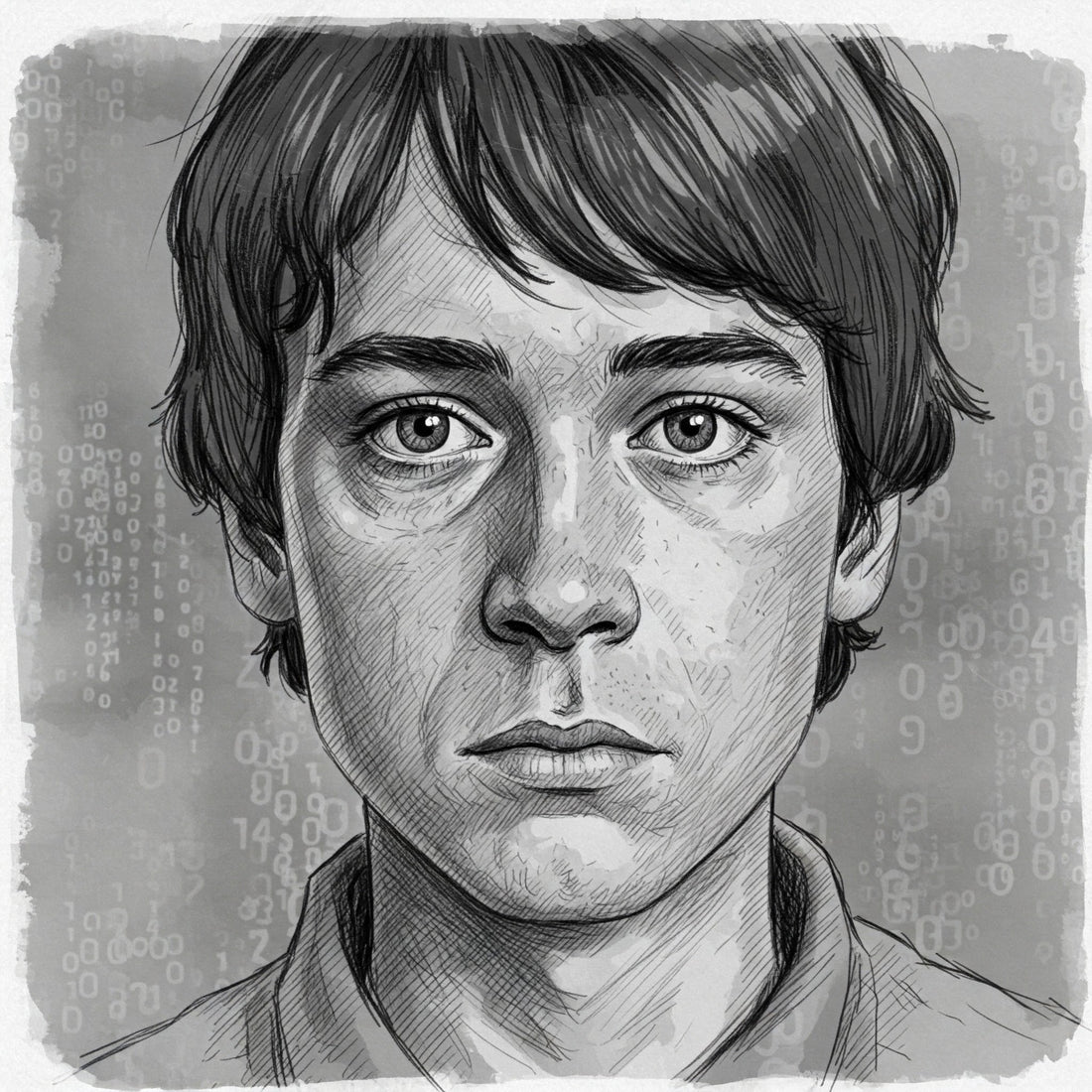 an imaginative gray sketchy portrait of Christopher Boone, the major character of The Curious Incident of the Dog in the Night-Time.