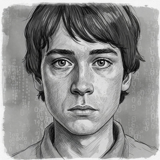 an imaginative gray sketchy portrait of Christopher Boone, the major character of The Curious Incident of the Dog in the Night-Time.
