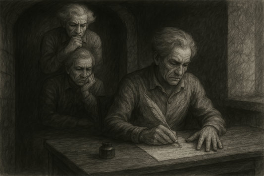 A gray sketch of a male writer who is writing while being supervised by a pair of himself.